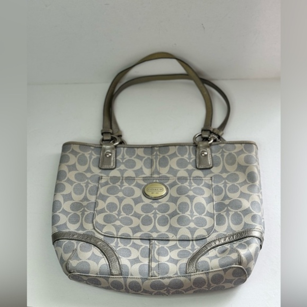 Coach Peyton Signature Heritage Leather Tote Bag  Blue, Silver